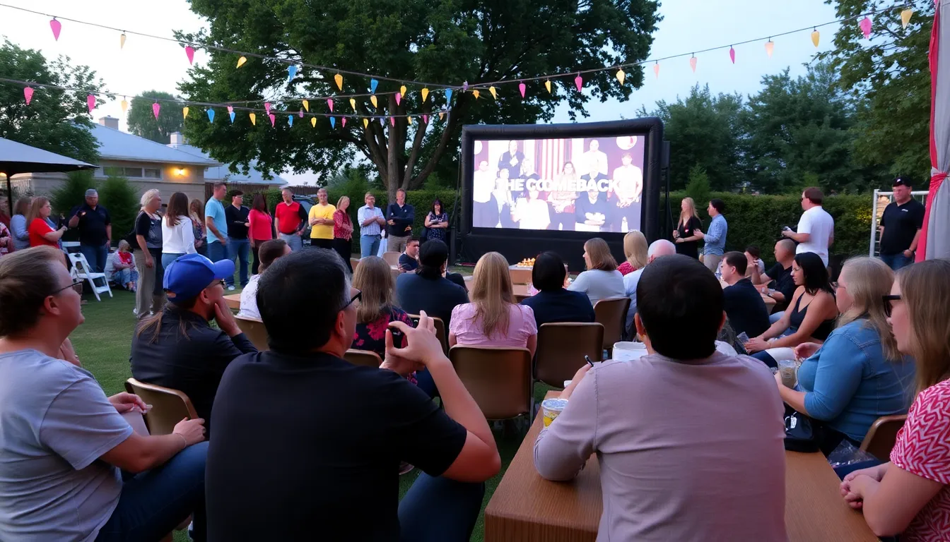 Fans gather at a viewing party for the revival of 'The Comeback', celebrating with themed decorations and snacks while watching the premiere episode on a large screen.