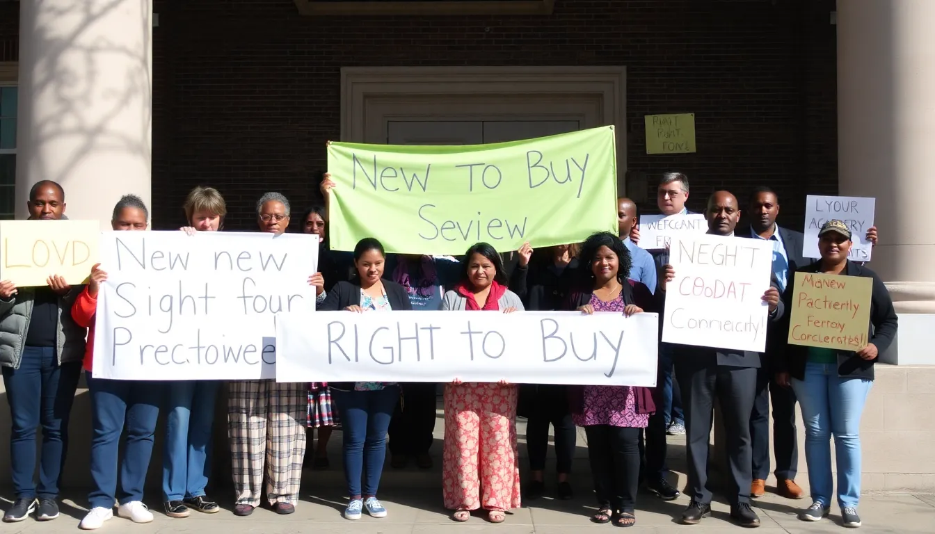 A diverse group of community members gathers outside a local government building, holding banners and signs in support of the new right to buy initiative.