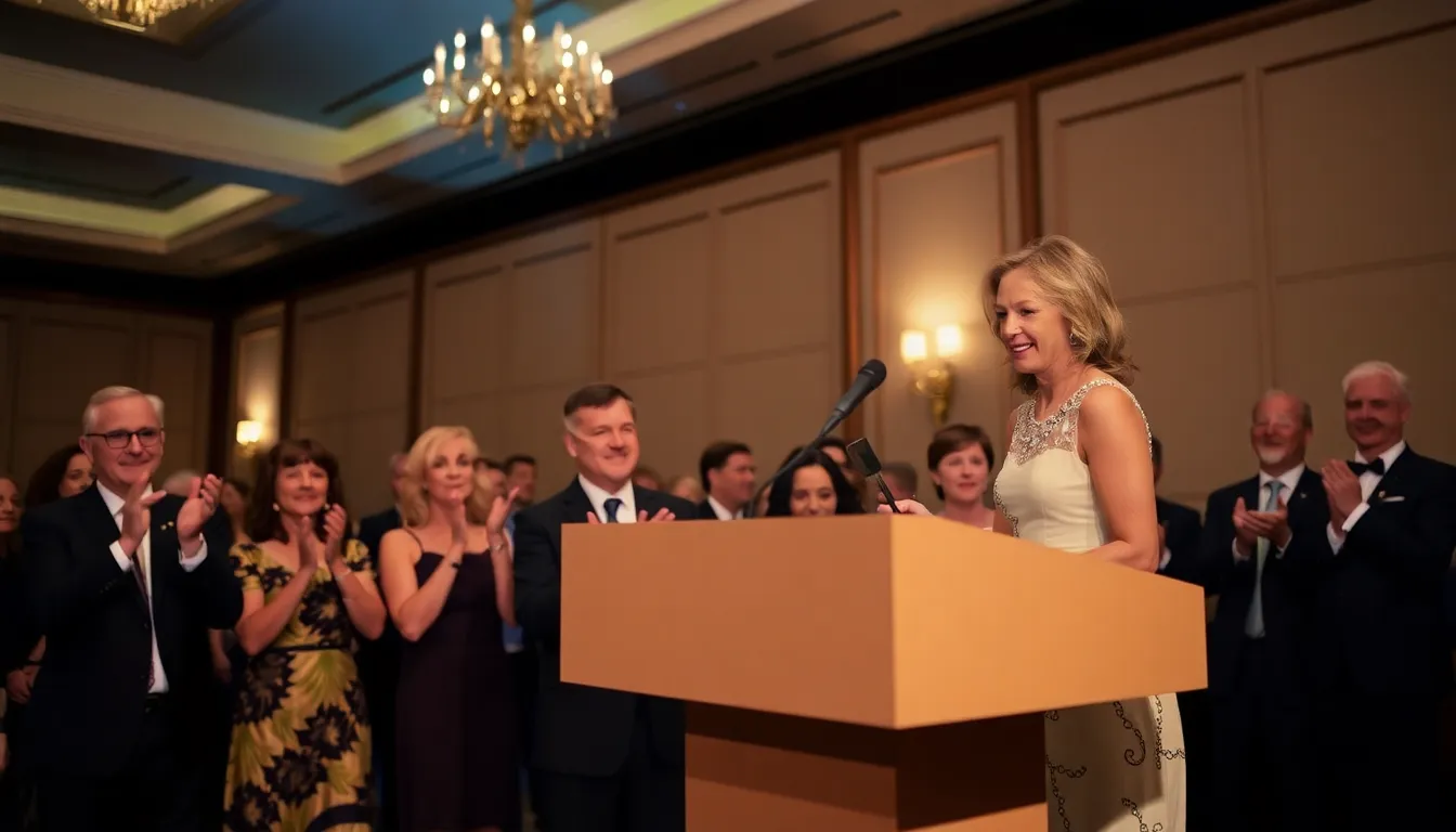 Coran Capshaw stands at the podium during the T.J. Martell Foundation Gala, receiving an award for his contributions to the music industry while attendees applaud in the background.