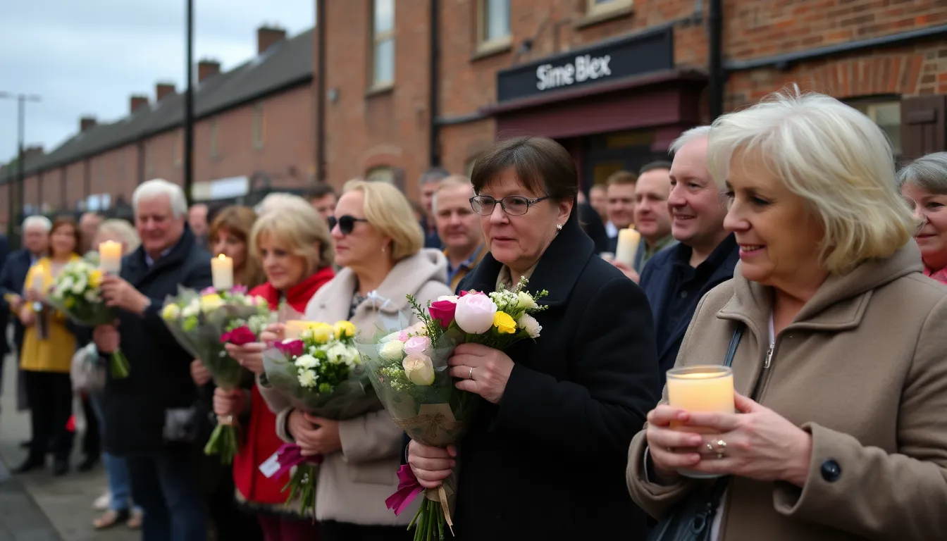 Fans gather outside the Coronation Street set, holding flowers and candles in tribute to the late original cast member who passed away at 89.