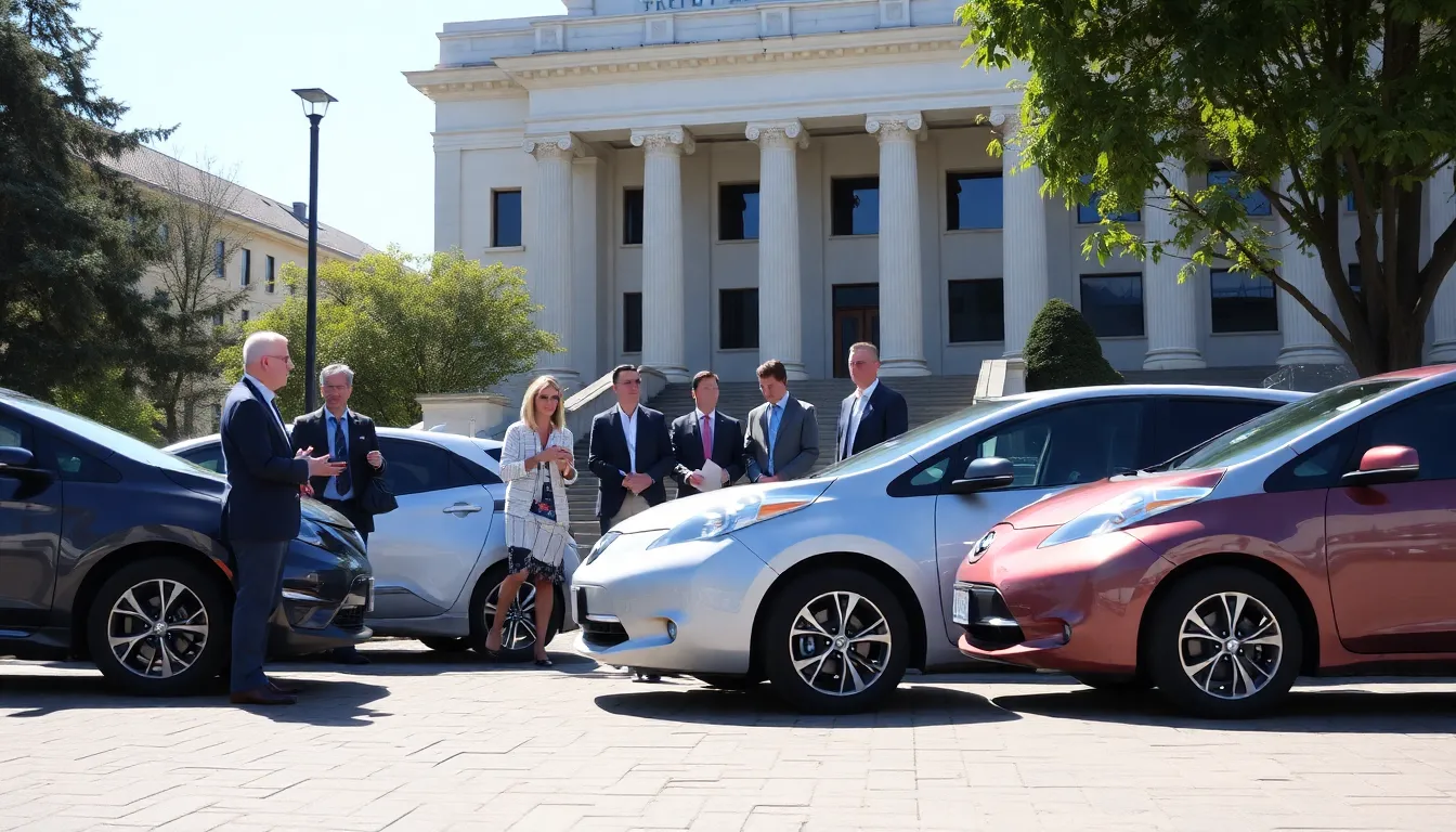 A group of electric vehicles is parked outside a government building, where officials are discussing policies to promote the adoption of EVs in response to rising oil prices.