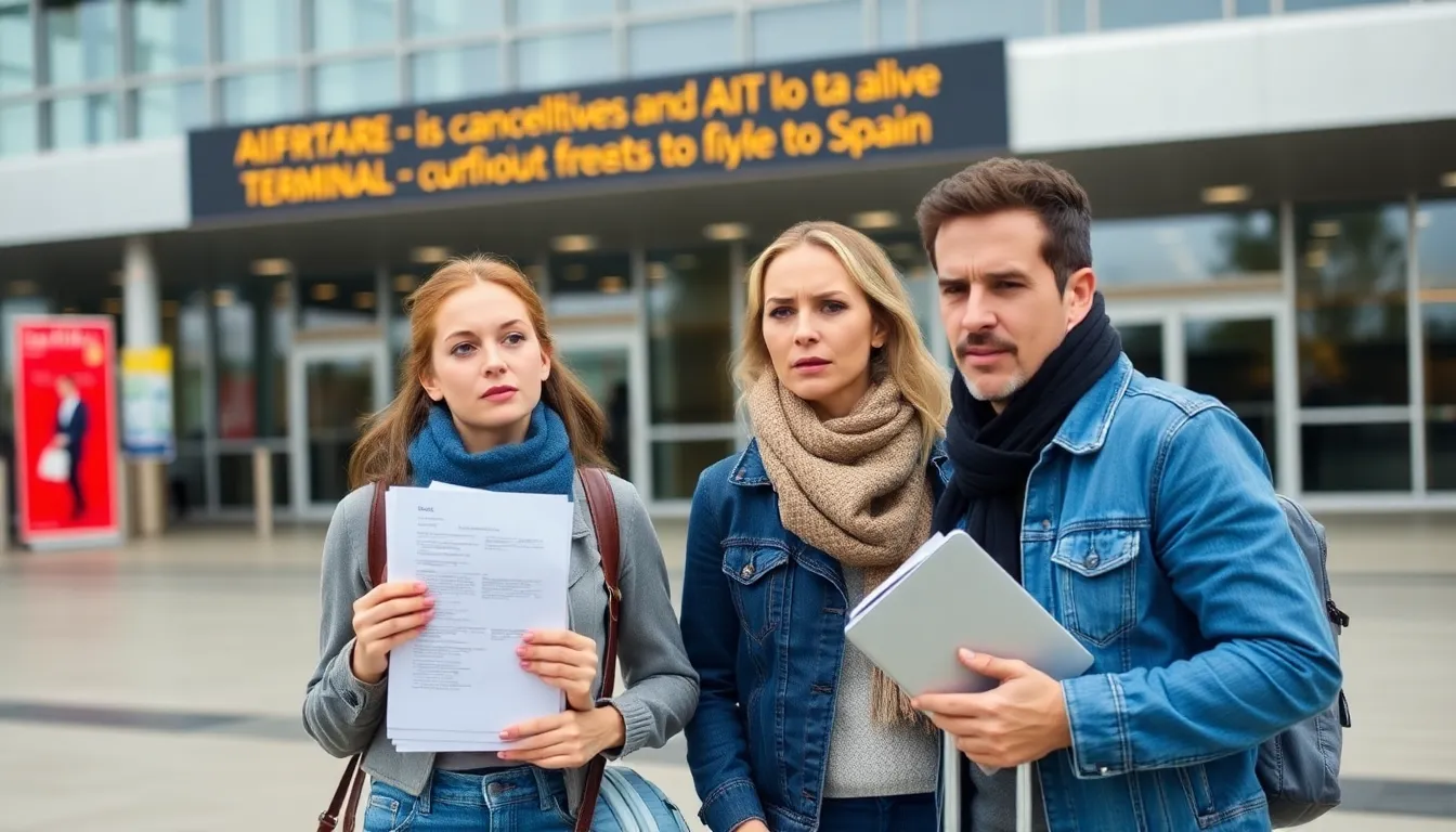 A couple stands outside the airport terminal looking frustrated and worried after learning their flight to Spain has been canceled, holding travel documents and a suitcase.