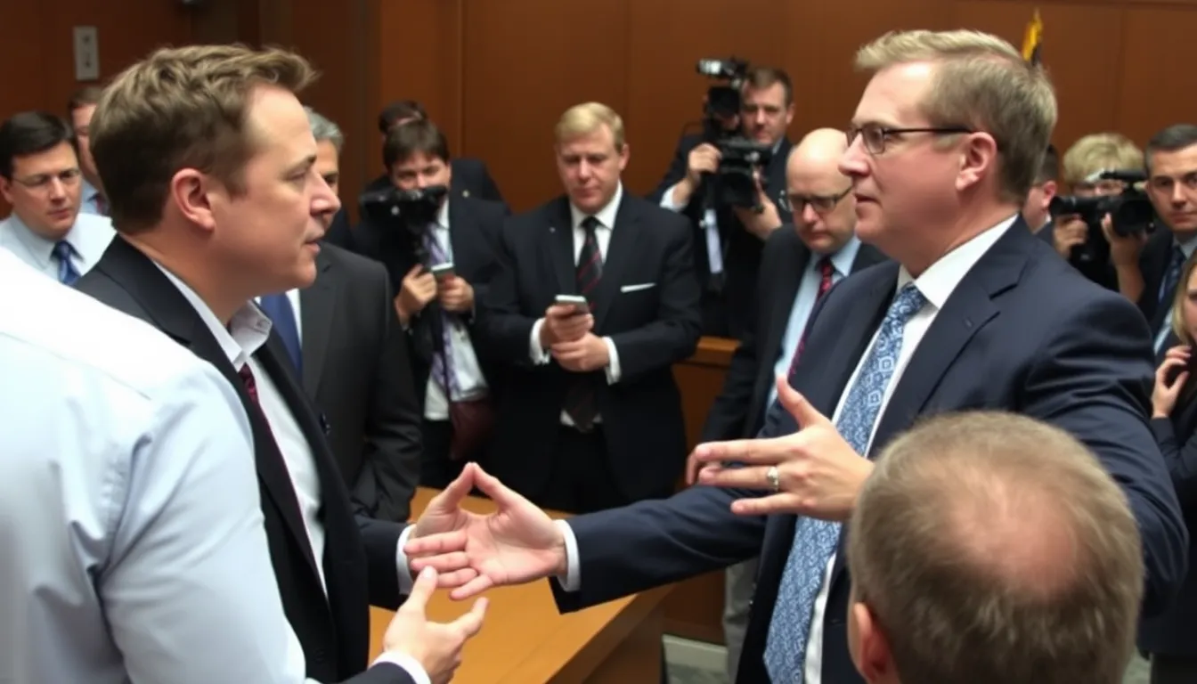 A tense moment captured in the courtroom as both Musk and Altman confront each other, reflecting the personal and professional stakes of their legal battle