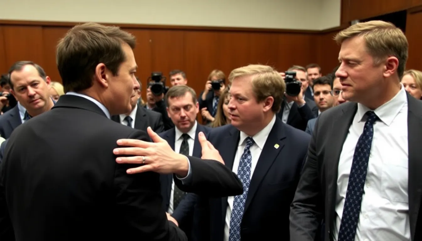 Elon Musk and Sam Altman engage in a tense exchange during a courtroom hearing, surrounded by legal teams and media, as they address allegations of intellectual property theft.