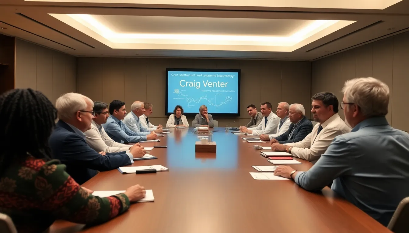 A group of scientists and researchers gather in a conference hall to discuss the legacy of Craig Venter and his impact on genomics and biotechnology.