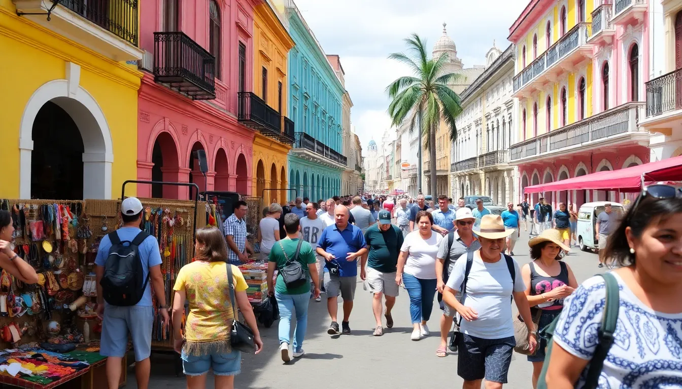 Tourists explore the vibrant streets of Havana, admiring the colorful colonial architecture while local vendors sell handmade crafts despite the challenges posed by the ongoing oil blockade.
