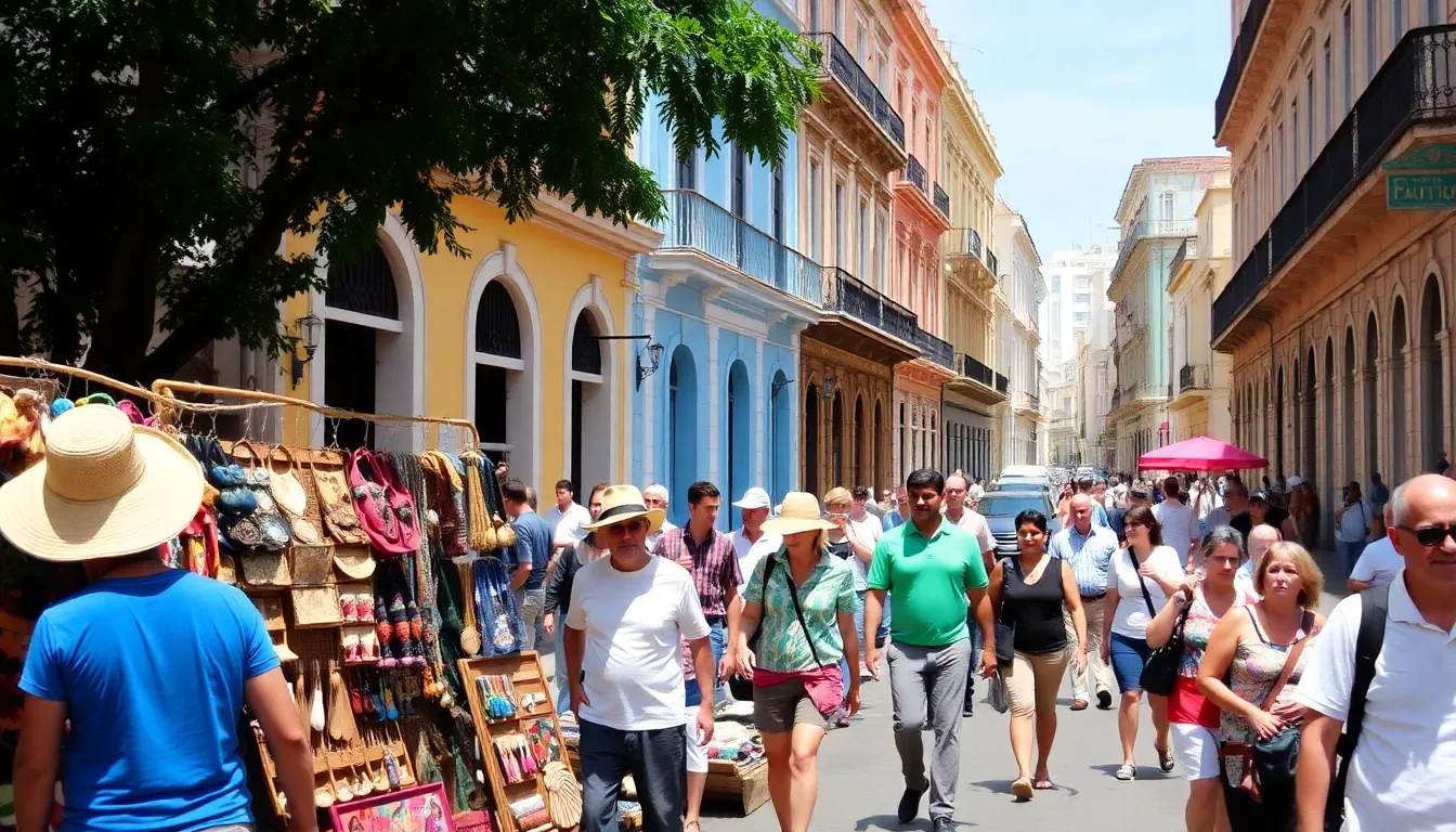 A group of adventurous travelers engaging with locals at a historical site, reflecting the enduring appeal of Cuba's rich heritage despite current travel restrictions