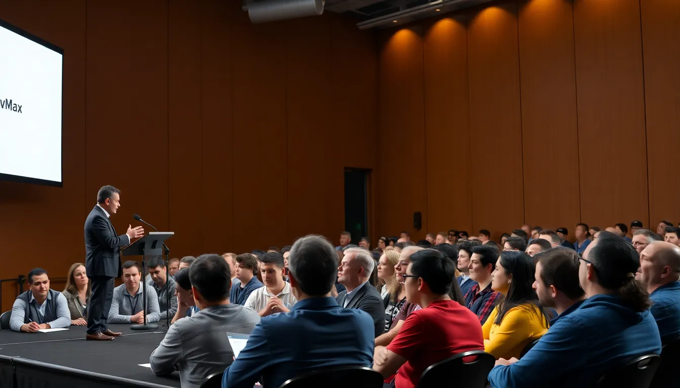 cvMax stands on stage during a press conference, addressing concerns about his coaching methods while a group of reporters and fans listen attentively.