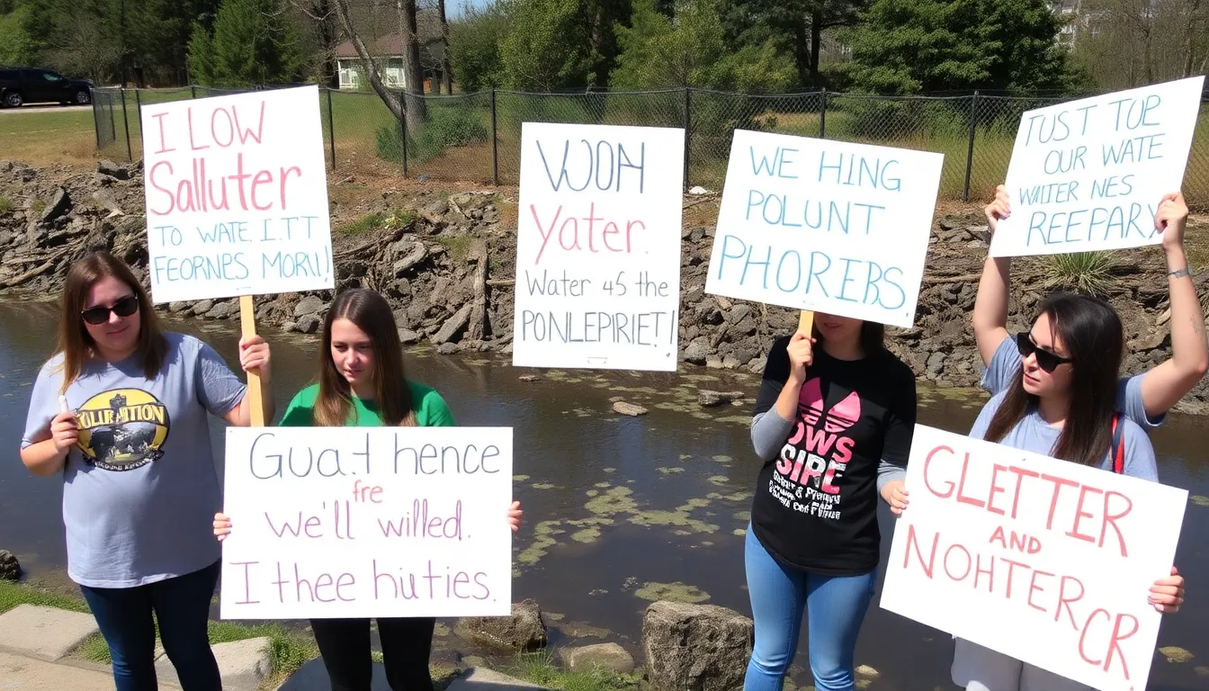 Activists gather at a contaminated water source, holding signs to raise awareness about the dangers of pollution and calling for stricter environmental regulations.
