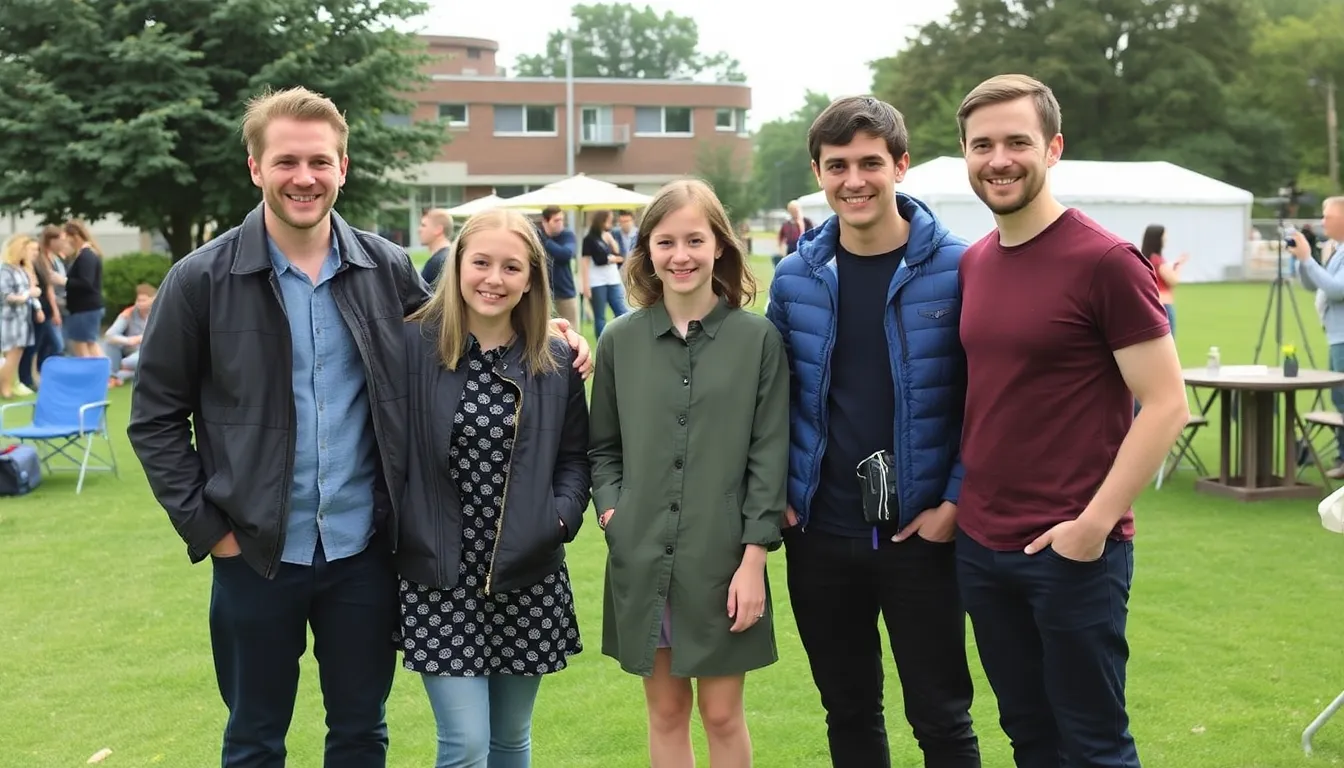 David Jonsson smiles as he stands alongside Gracie Abrams, Connor Storrie, and Tom Burke at a press event announcing their roles in A24's upcoming film Please.