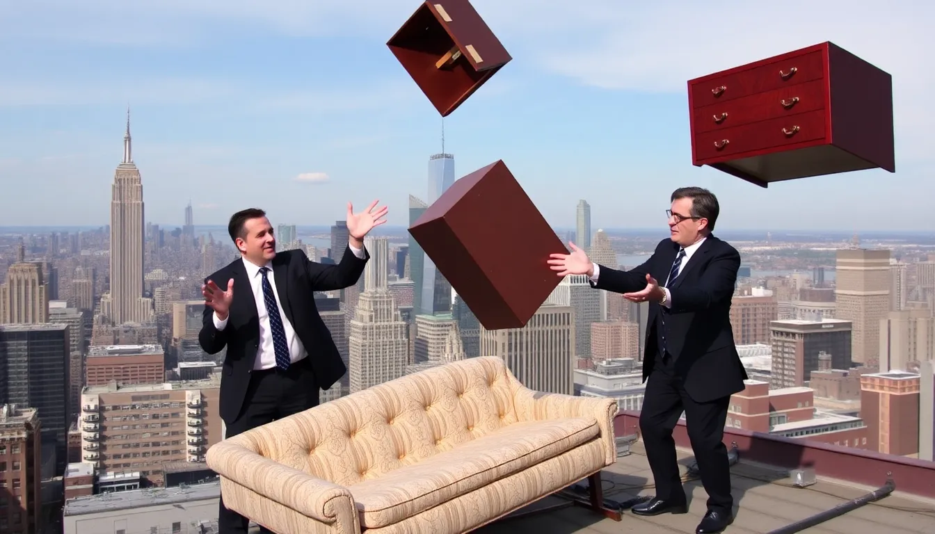 David Letterman and Stephen Colbert humorously toss furniture off the roof of the CBS building in New York City during a livestreamed stunt.
