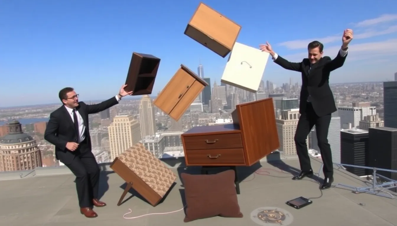 A dramatic view of furniture being tossed off the roof of CBS, symbolizing a comedic rebellion against network constraints