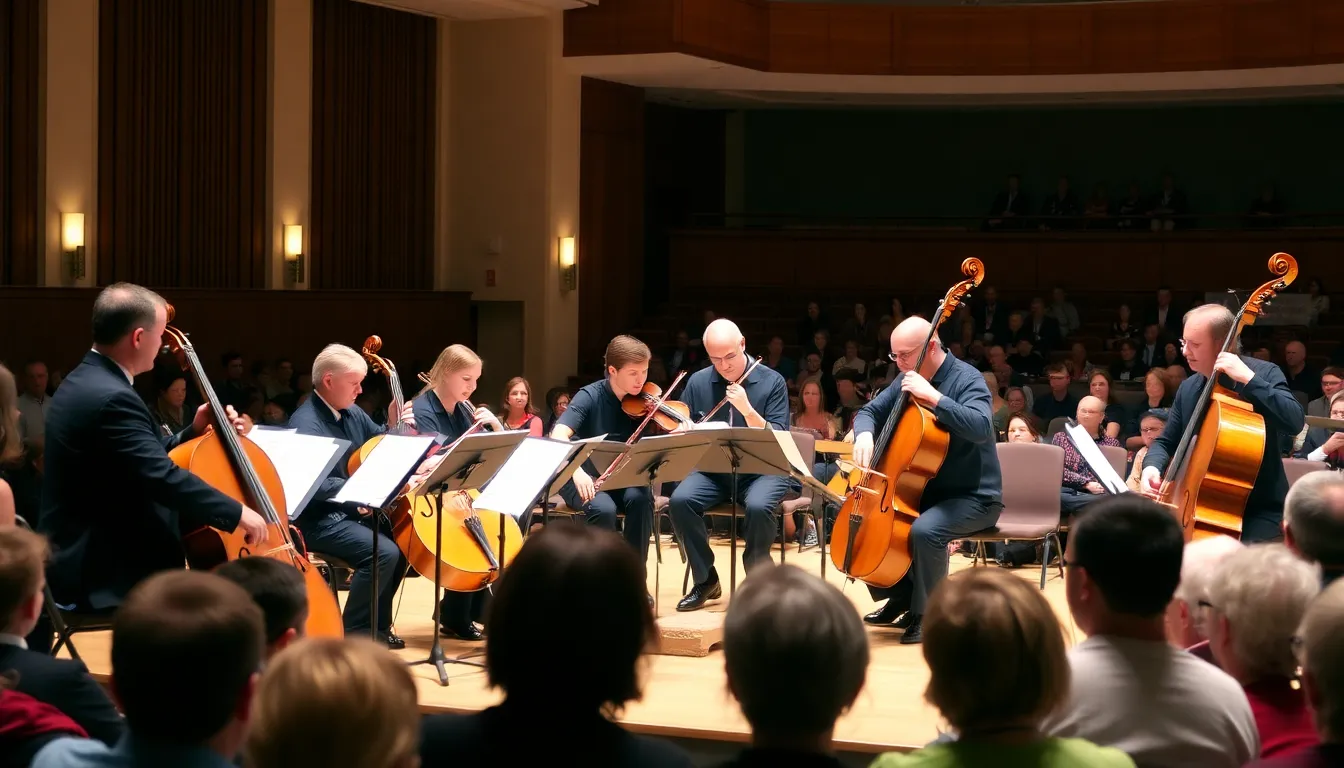 A group of musicians performs on stage, showcasing historical instruments while an audience attentively listens during a tribute concert for early music pioneer David Munrow.