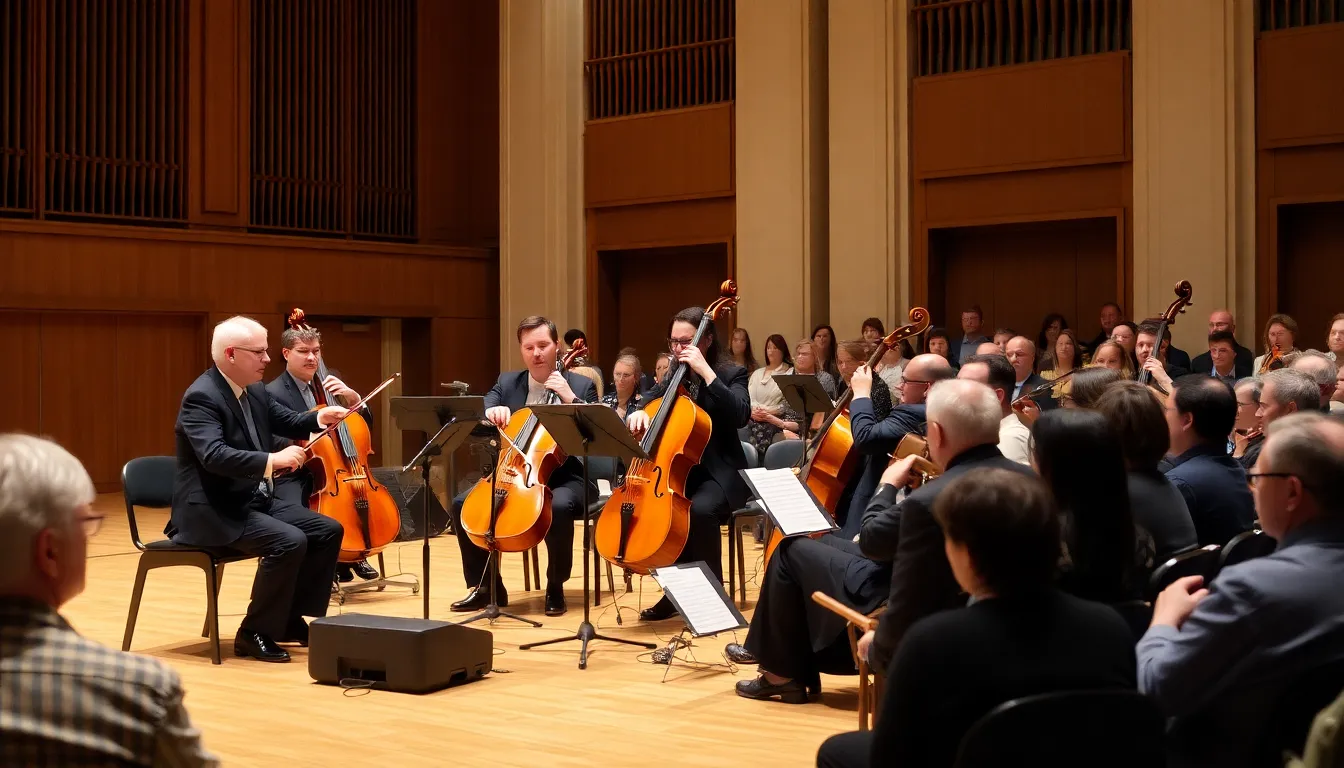 A group of students engaged in a workshop on early music performance, practicing techniques inspired by David Munrow's innovative approaches to music education