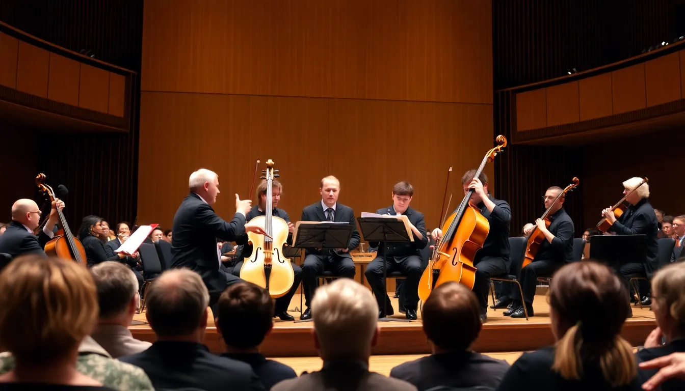 An outdoor early music festival bustling with attendees enjoying live performances and exploring the rich cultural heritage of historical musical forms