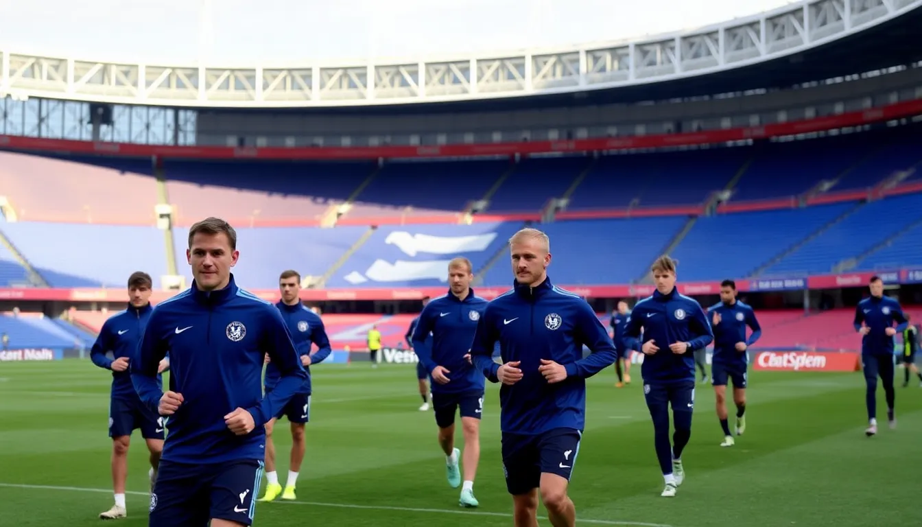 Chelsea players train at Wembley ahead of the FA Cup final, with a backdrop of the iconic stadium as they prepare for a crucial match amidst ongoing managerial uncertainty.