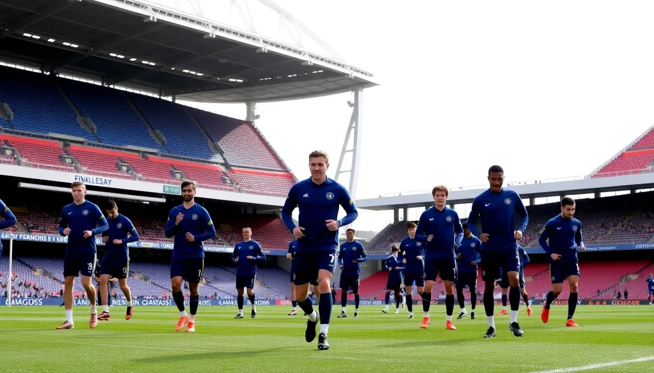 Chelsea players engage in a training session, focusing on building teamwork and morale ahead of their important trip to Wembley