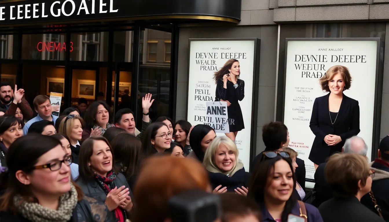 Crowds gather outside a cinema in London, eagerly waiting to see the opening weekend of Devil Wears Prada 2, with promotional posters featuring Anne Hathaway and Meryl Streep displayed prominently.