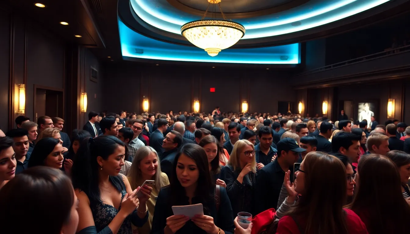 A crowded theater buzzes with excitement as moviegoers eagerly await the screening of Devil Wears Prada 2, showcasing a vibrant atmosphere filled with anticipation.