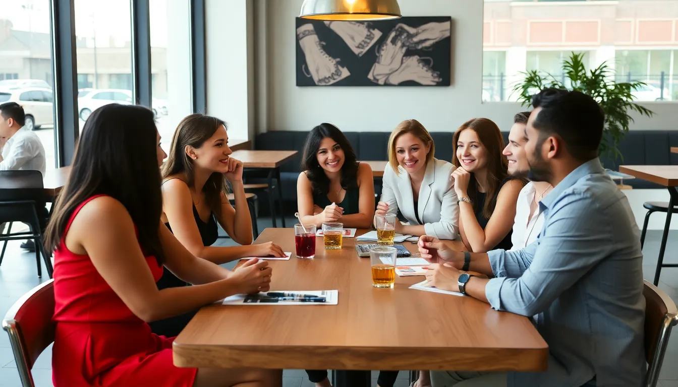 A group of people gathers in a trendy café, discussing the impact of the film "The Devil Wears Prada" on contemporary workplace culture and gender dynamics.
