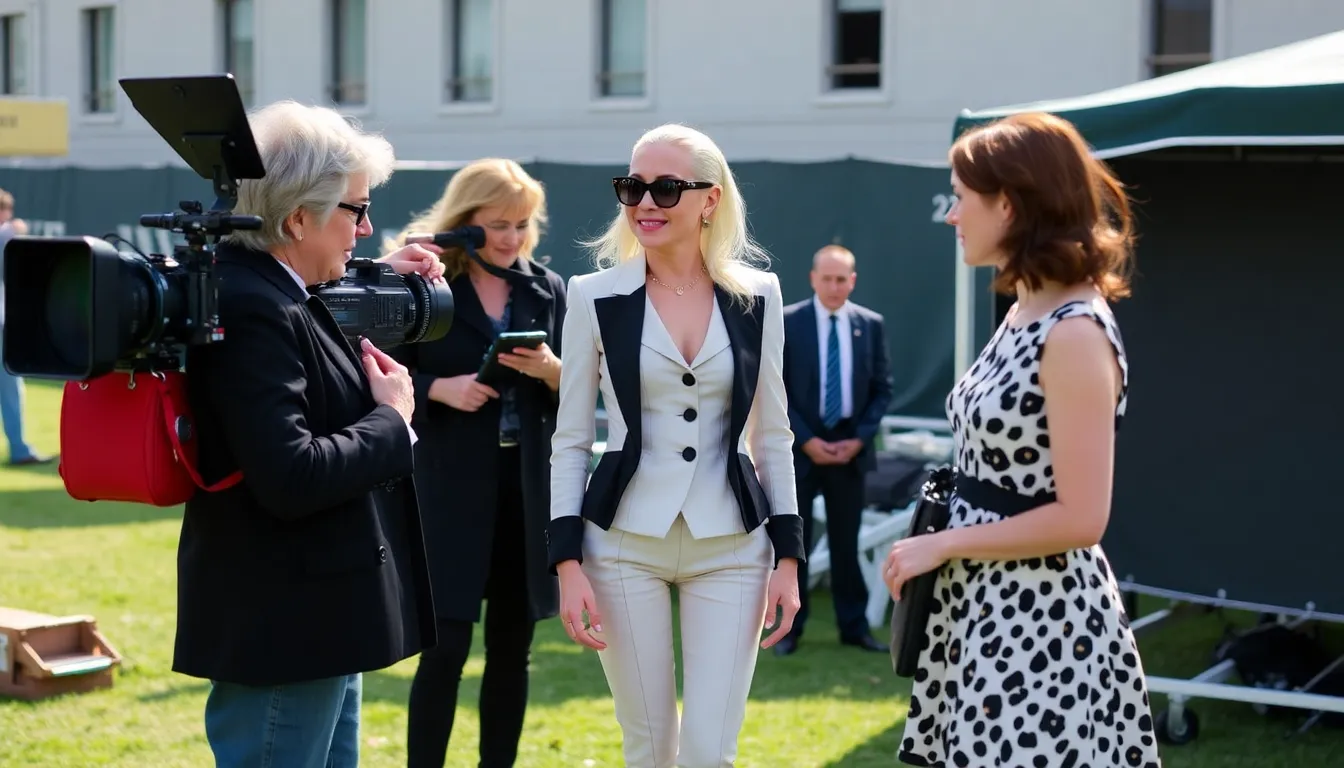 Lady Gaga is seen on set in a stylish outfit, engaging with Meryl Streep and Anne Hathaway during a scene for the upcoming sequel to The Devil Wears Prada.