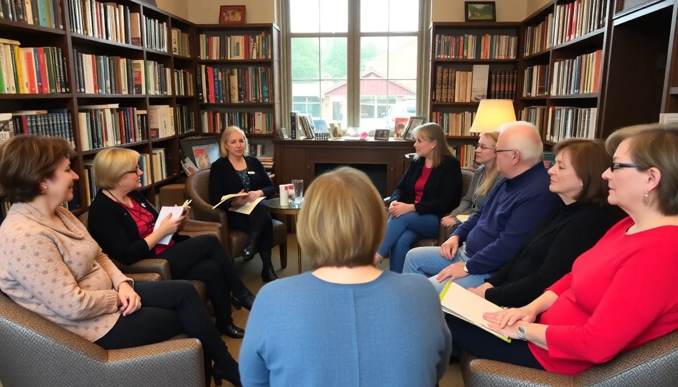 A group of readers gathers in a cozy bookstore, discussing Lucy Caldwell's latest collection of short stories while surrounded by shelves filled with books.