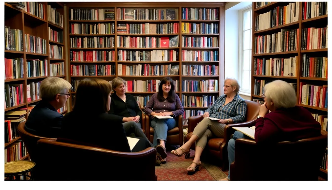 A group of diverse readers participating in a book club discussion, reflecting on the emotional depth of Caldwell's stories