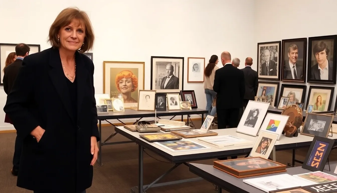 Diane Keaton stands beside a display of her personal archive, showcasing an array of queer art and iconic memorabilia at Bonhams in Los Angeles ahead of the auction.