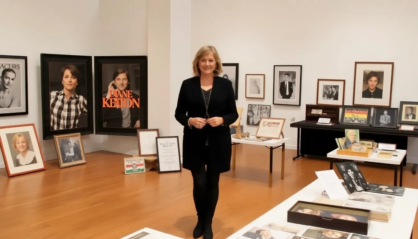 Diane Keaton's iconic bowler hats arranged elegantly, symbolizing her unique style and influence in both film and cultural representation