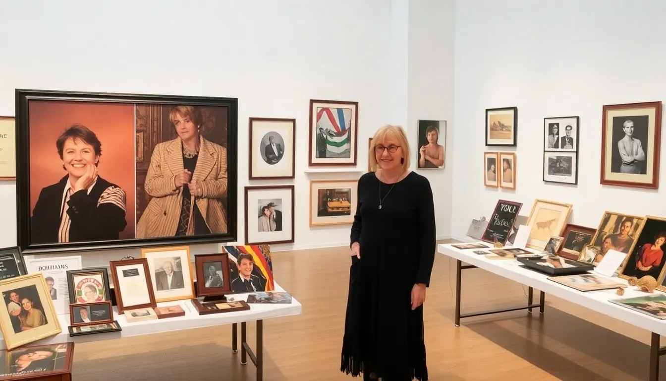 A bustling auction scene filled with collectors and art enthusiasts eagerly engaged in bidding, illustrating the excitement surrounding Keaton's personal collection sale