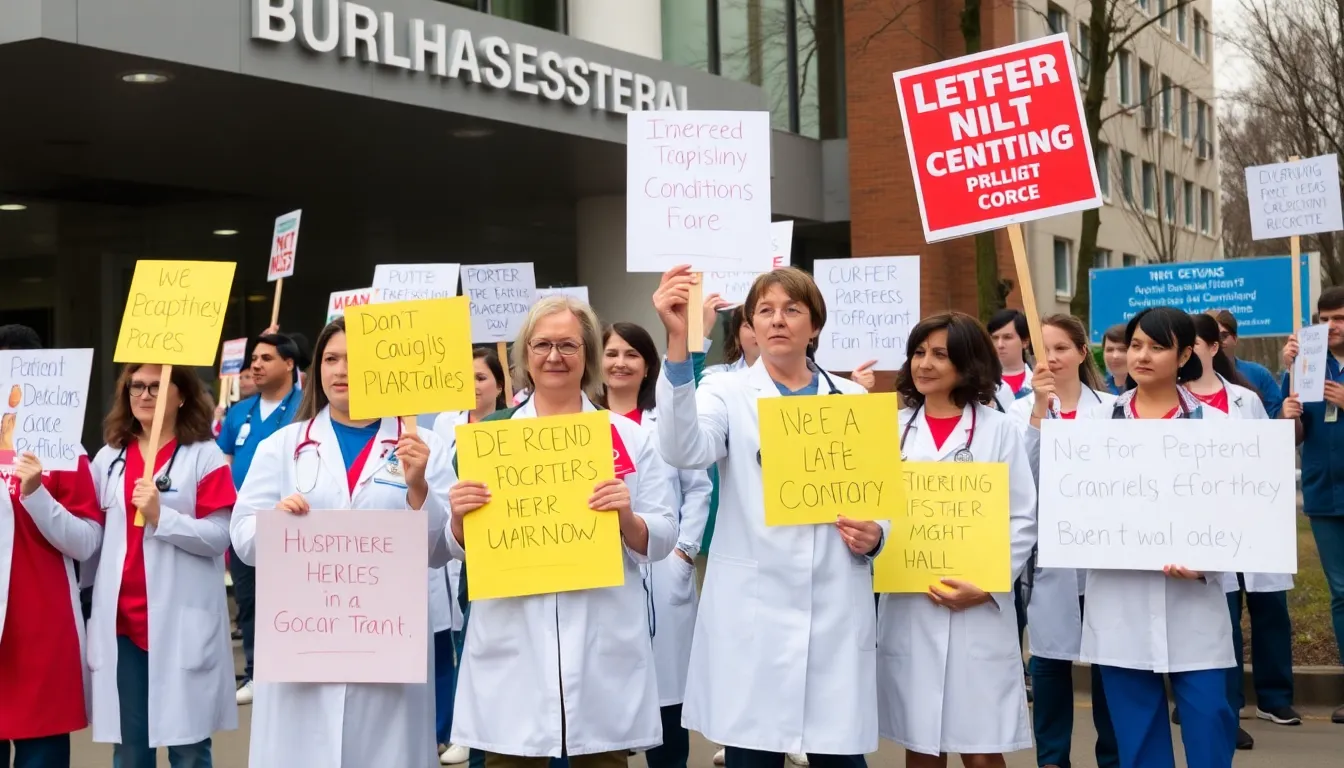 Doctors and nurses gather outside a hospital, holding signs and chanting slogans to advocate for better working conditions and patient care during a strike.