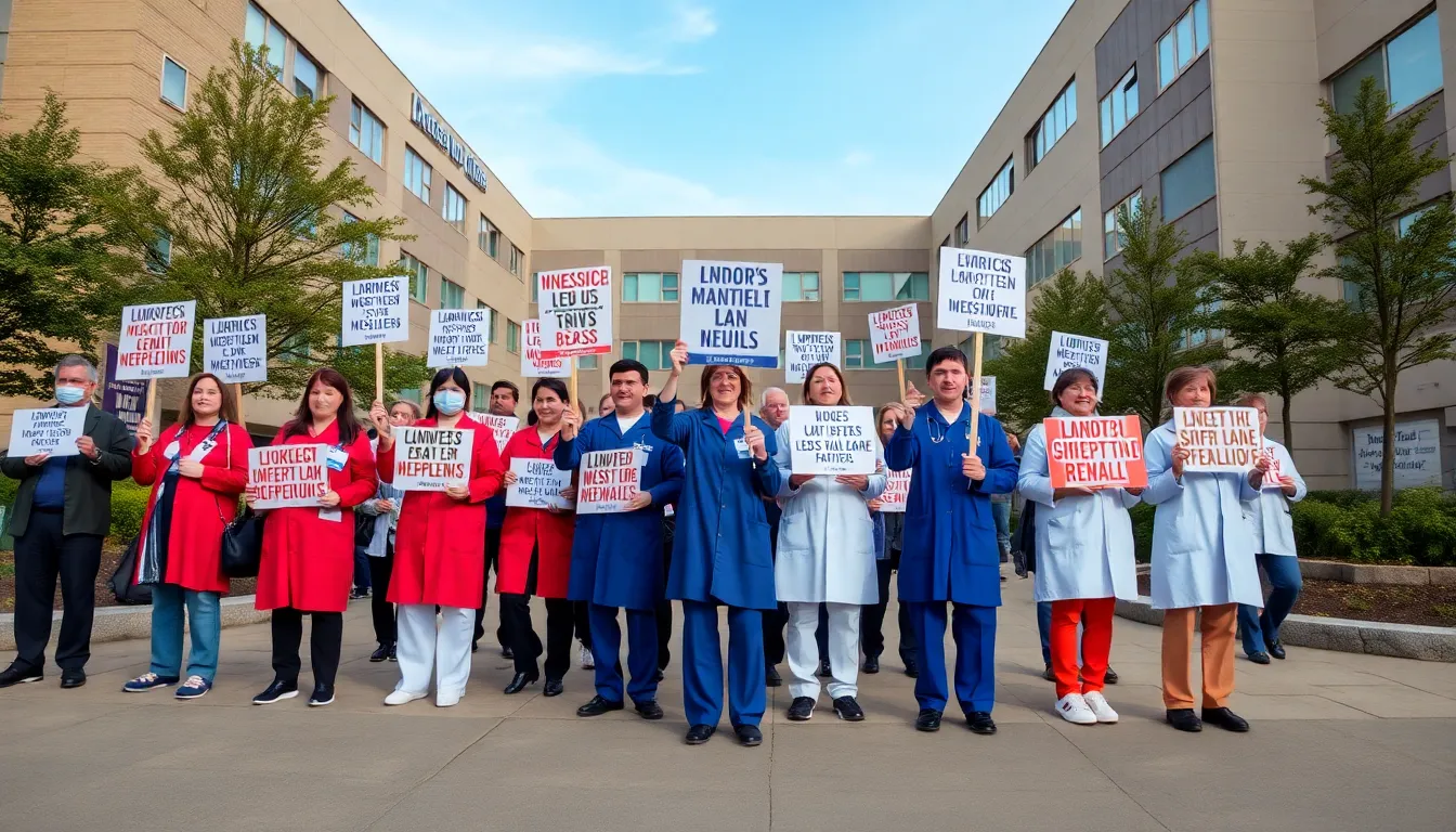 Healthcare professionals discussing strategies for improving patient care and working conditions during a meeting, emphasizing the importance of collaboration amidst labor unrest