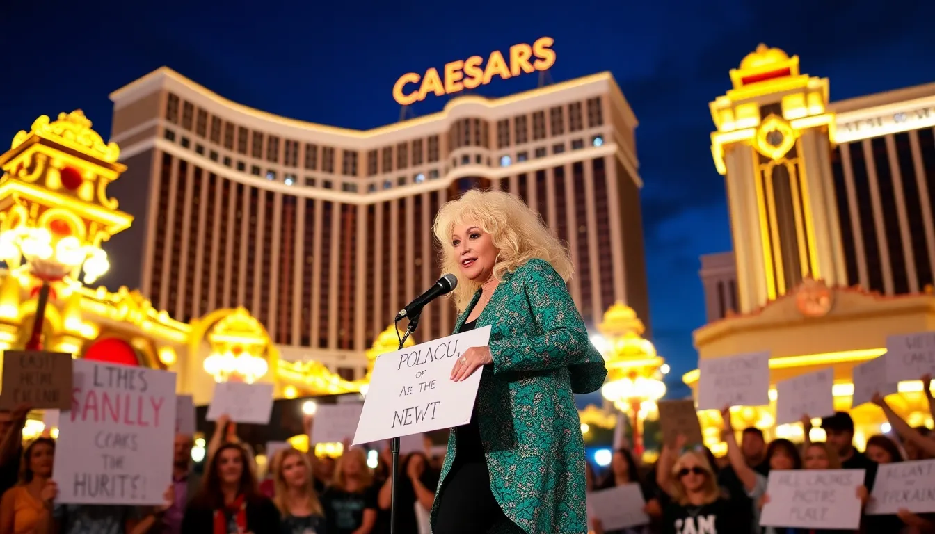 Dolly Parton speaks to a crowd of concerned fans outside Caesars Palace, where she announces the cancellation of her Las Vegas residency due to health issues.