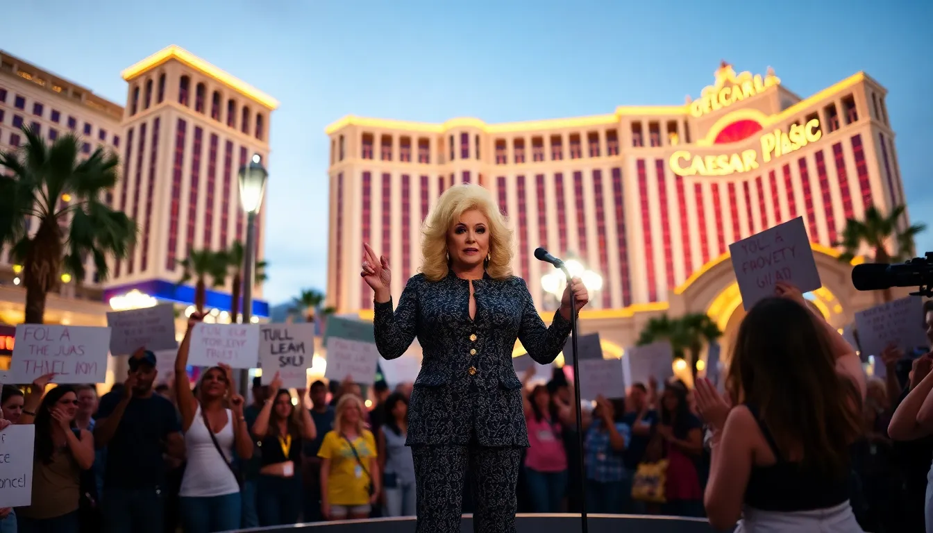 The iconic Las Vegas Strip, illuminated at night, serves as a backdrop to the vibrant entertainment scene that Dolly Parton has been a part of for decades