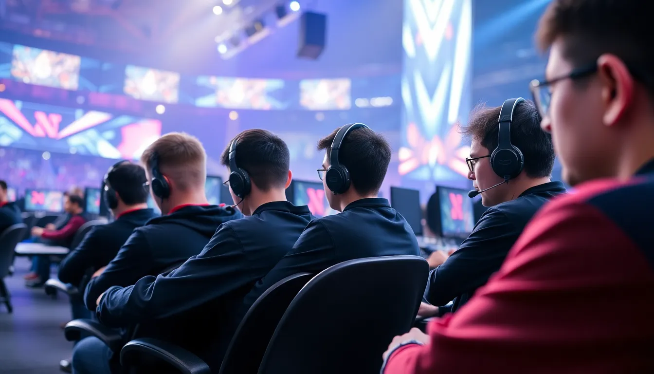 A group of Dota 2 players sits at a gaming setup, intensely focused on their screens during a highstakes tournament match.