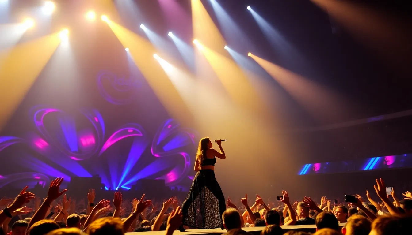 The vibrant atmosphere of the concert is highlighted by enthusiastic fans singing along, creating an electric environment filled with excitement and joy