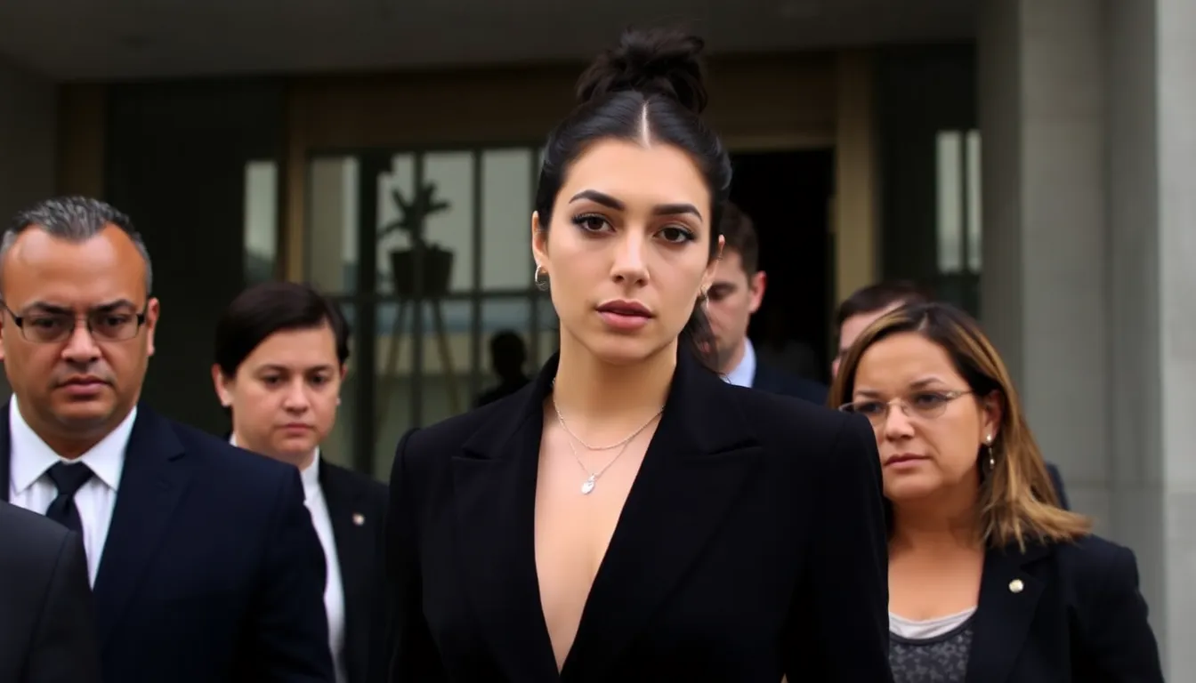 Dua Lipa stands outside a Los Angeles federal court, flanked by her legal team, as she prepares to announce her lawsuit against Samsung for unauthorized use of her likeness in an advertising campaign.
