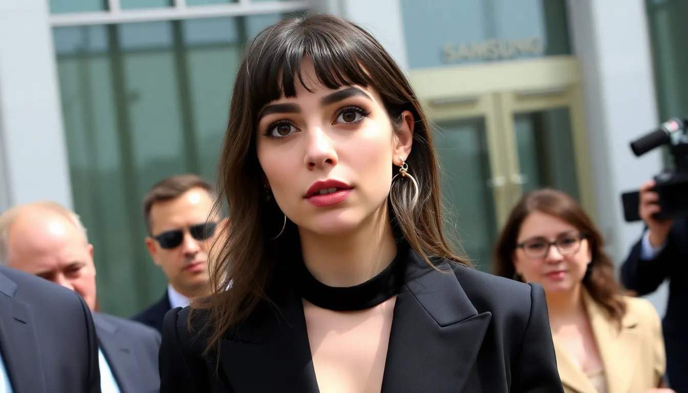 A courtroom scene capturing the tension surrounding the lawsuit between Dua Lipa and Samsung over celebrity image rights