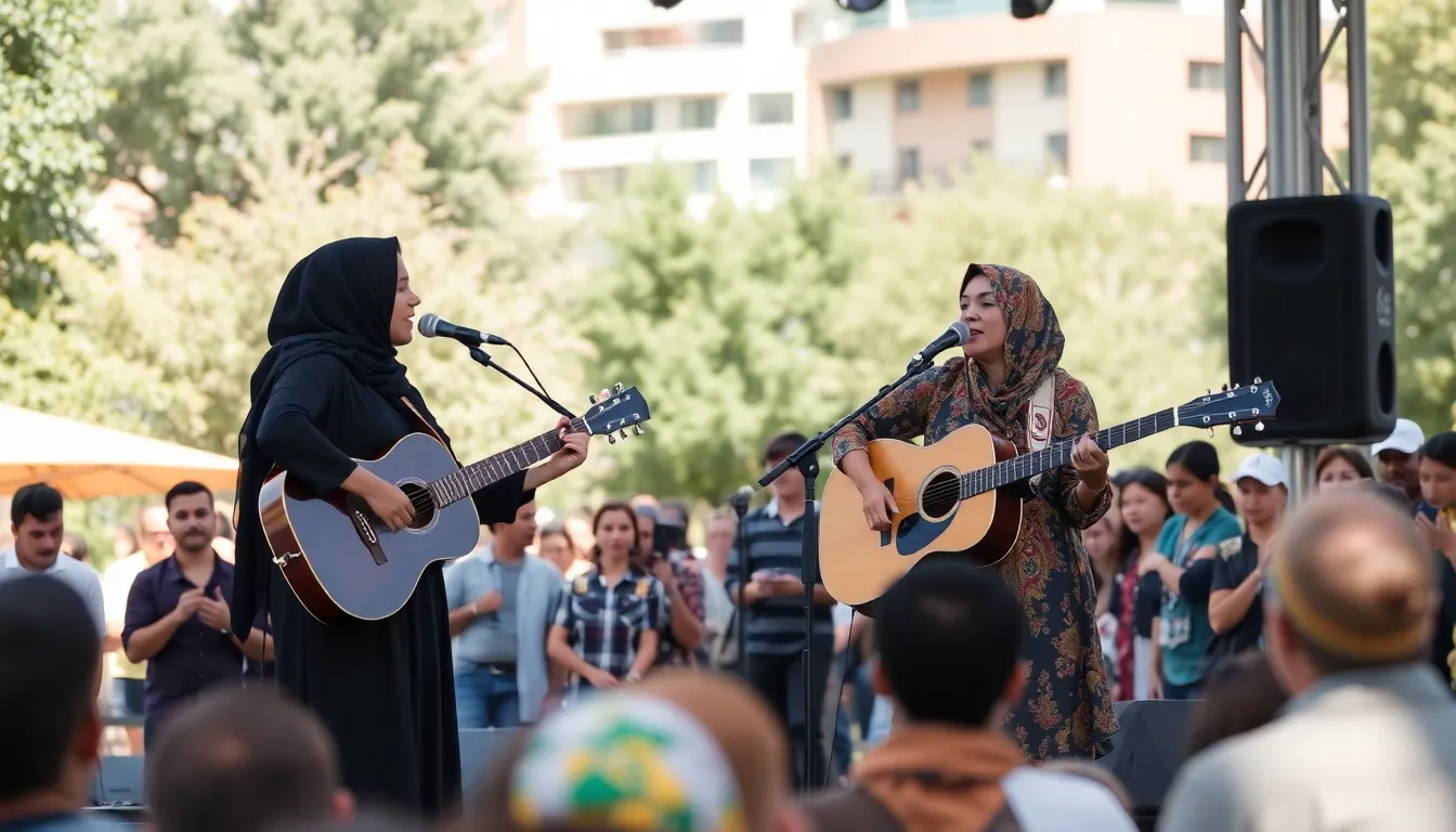 Dua Saleh performs on stage, passionately engaging the audience with their music that addresses global issues like climate change and social inequality.