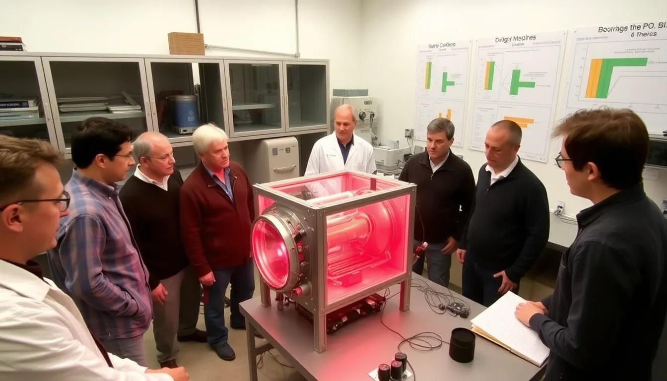 A group of scientists at the University of California conducts tests on a new device known as the "dumb machine," which aims to convert lowgrade energy into usable power for clean energy production.