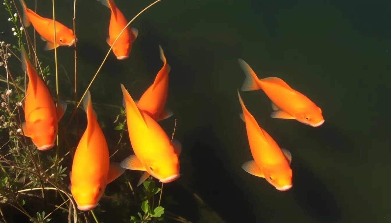 A group of bright orange goldfish swims among the native plants in Lake Harmony, highlighting the growing concern over their impact on local carp populations.