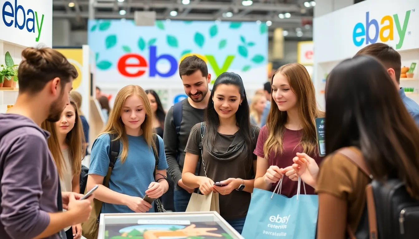 A diverse group of young shoppers browses through a vibrant eBay booth at a retail expo, showcasing the company's latest features and sustainable products.