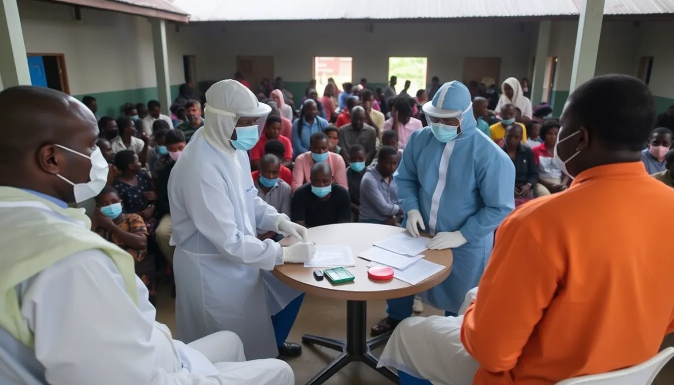 Health officials in protective gear discuss strategies to contain the Ebola outbreak in a crowded community health center in northeastern Congo.