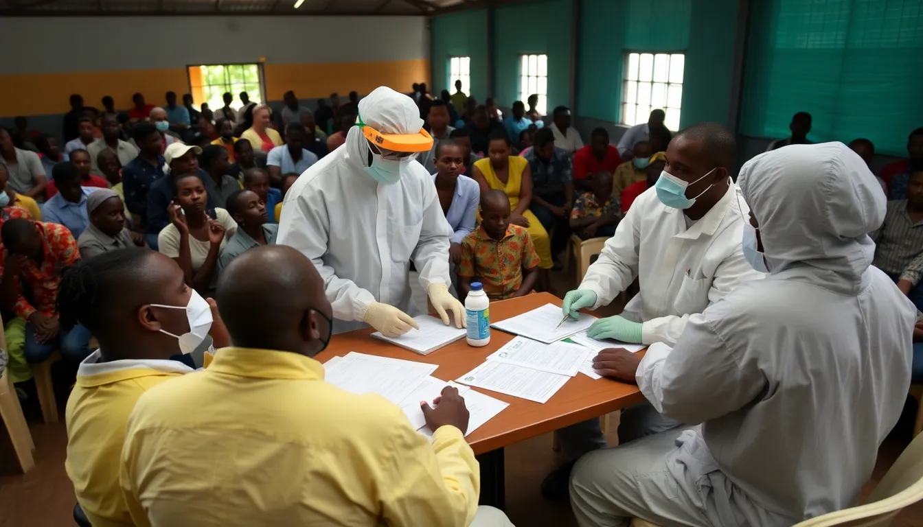Local residents gathering information during a community health meeting aimed at raising awareness about the Ebola outbreak and prevention measures