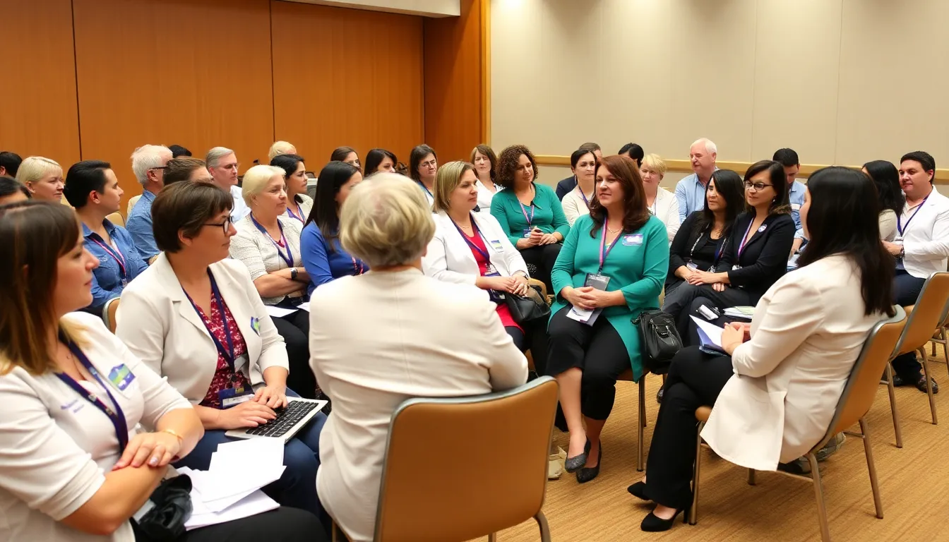 A group of healthcare professionals discusses strategies for cervical cancer elimination at a conference, highlighting Australia's successful HPV vaccination program.