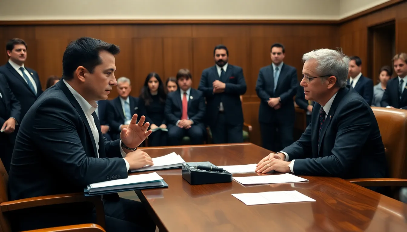 The courtroom atmosphere filled with tension as stakeholders observe the exchange between Musk and Altman, symbolizing broader concerns about transparency in artificial intelligence development