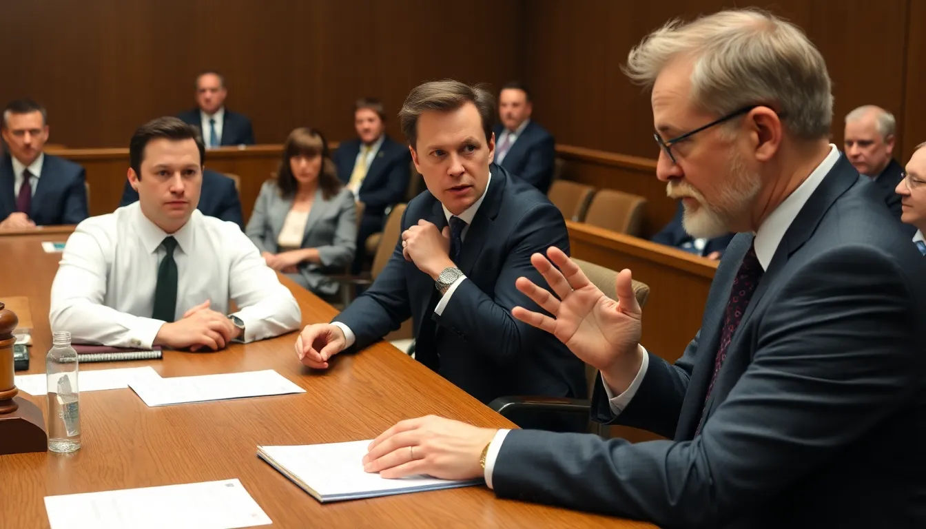 A closeup of Elon Musk's lawyer during a court session, emphasizing the critical nature of trust and responsibility in the tech industry as they discuss AI governance