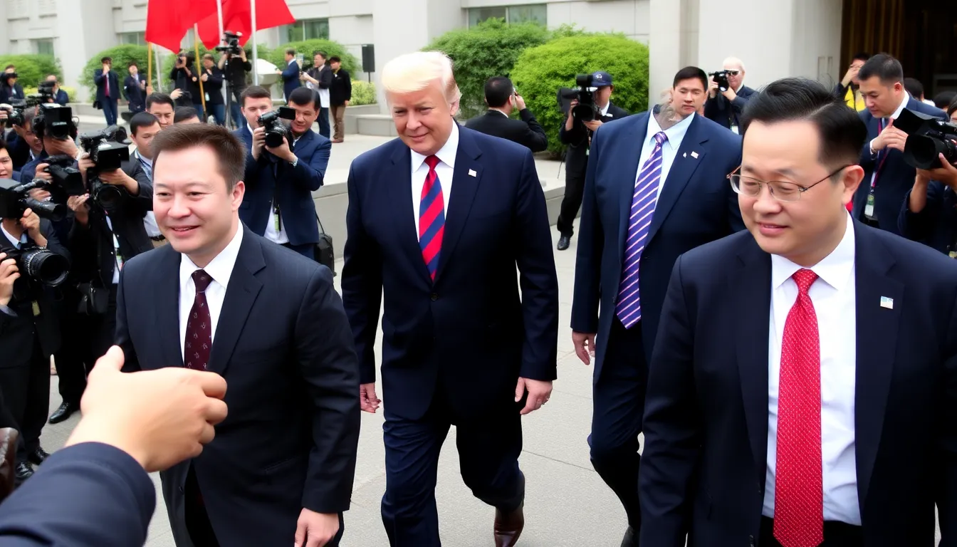 Elon Musk and Jensen Huang are seen walking alongside Donald Trump as they arrive at a diplomatic event in China, highlighting their roles in addressing U.S.China economic relations.