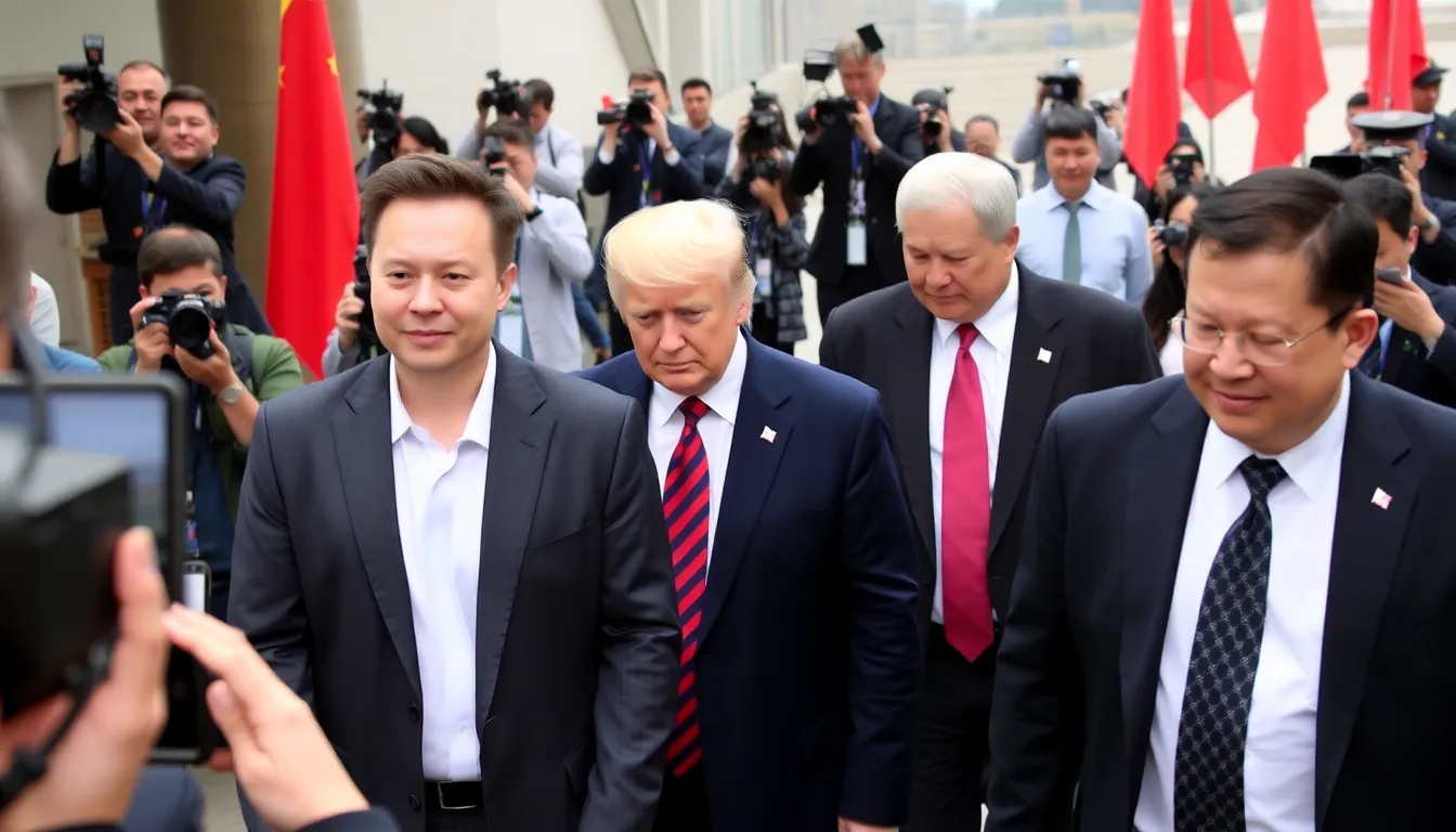 Elon Musk and Jensen Huang engaging in conversations about technology and trade opportunities during their trip to China