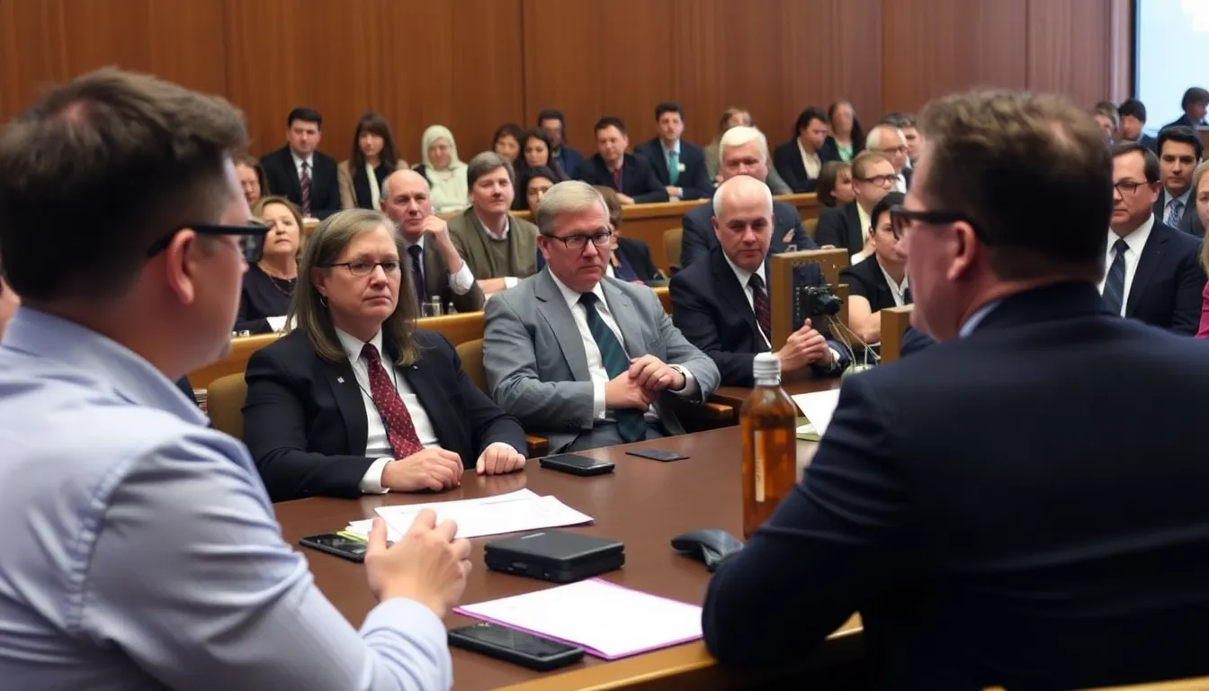 The courtroom is filled with legal representatives and witnesses as the trial concerning Elon Musk and OpenAI unfolds, highlighting the tension surrounding AI ethics and corporate governance.